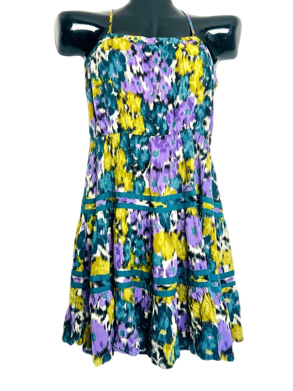 Elle Floral Tiered Spaghetti-Strap Dress in Teal, Purple & Yellow
